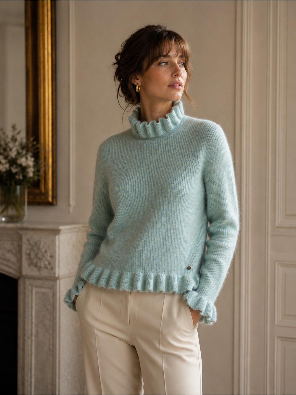 Ted Baker Pale Blue Ruffled Turtleneck Sweater